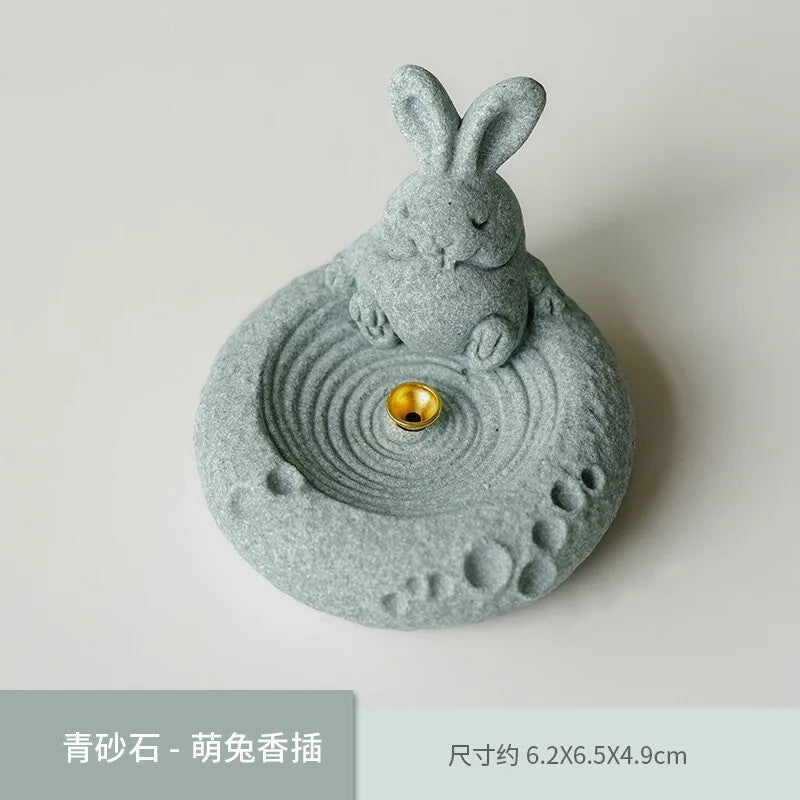 Green Sandstone Cute Cat Incense Holder Cute Rabbit Incense Burner Zen Decor