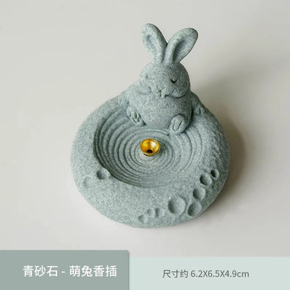 Green Sandstone Cute Cat Incense Holder Cute Rabbit Incense Burner Zen Decor