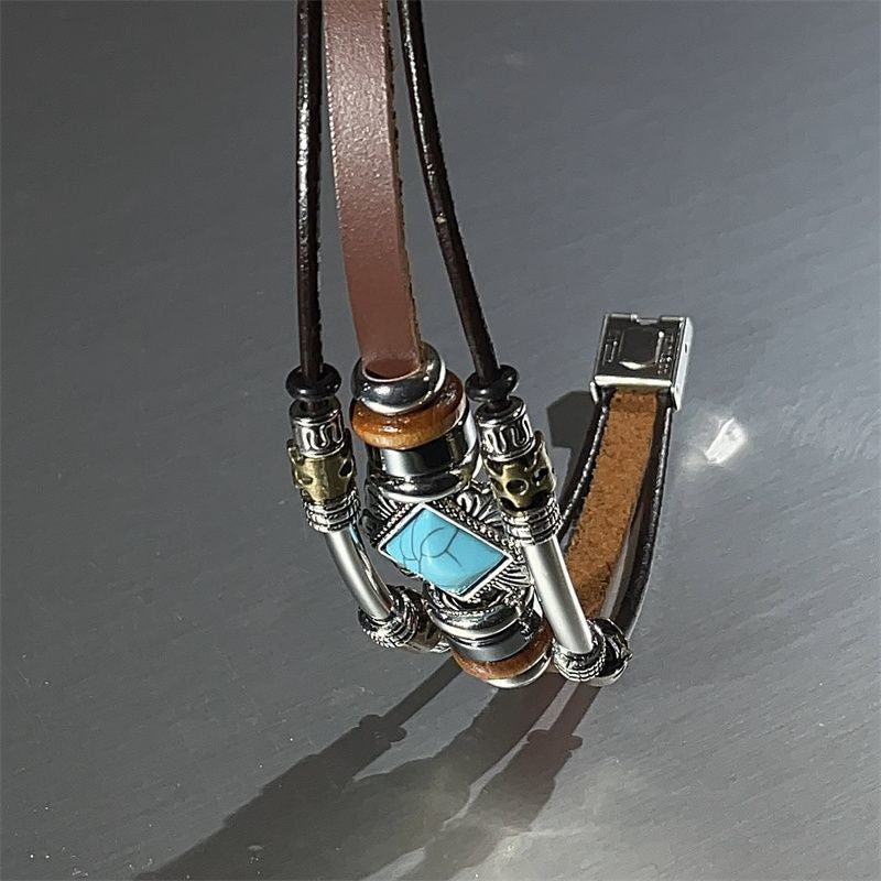 Vintage Ethnic Leather Bracelet Faux Turquoise Alloy Multi-layer Jewelry