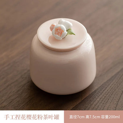Handmade Ceramic Tea Caddies Tea Container Porcelain Pink Flower Tea Caddy