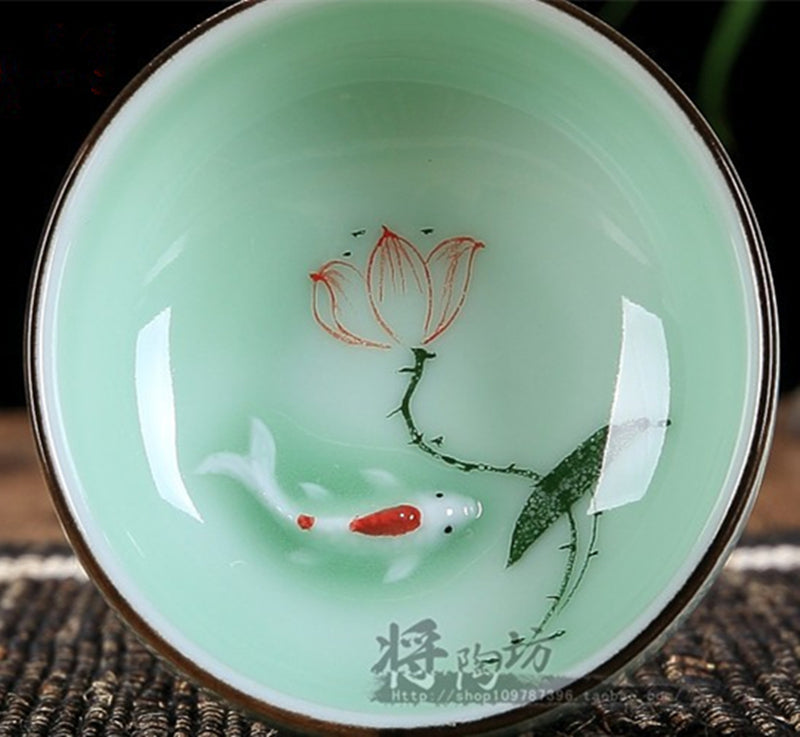Boutique Celadon Tea Cup Goldfish Four Seasons Lotus Design Ceramic Tea Set