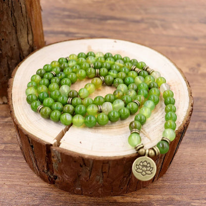 108 Mala Beads Natural African Jade Stone Lotus Pendant Necklace for Healing