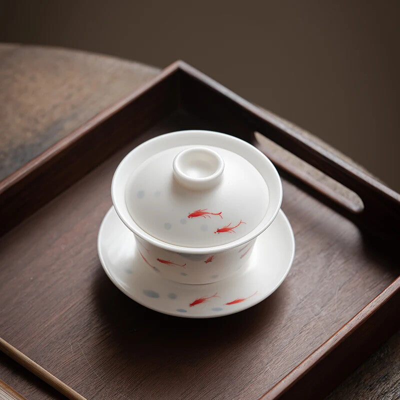 White Porcelain Ru Kiln Hand-painted Fish Cover Bowl Ceramic Household Tea Bowl