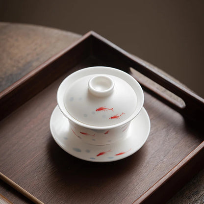 White Porcelain Ru Kiln Hand-painted Fish Cover Bowl Ceramic Household Tea Bowl