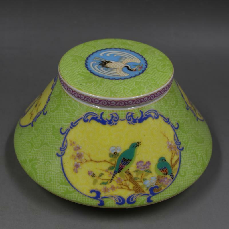 5.43"Chinese Green Enamel Porcelain Qing Yongzheng Flower Bird Design Tea Caddy