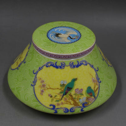5.43"Chinese Green Enamel Porcelain Qing Yongzheng Flower Bird Design Tea Caddy
