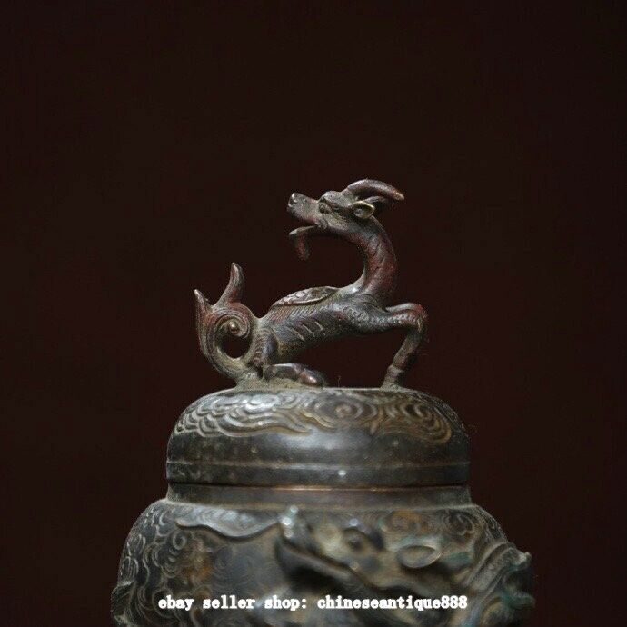 5.5" Marked Antique China Pure Bronze Dynasty Dragon Beast Incense Burner Censer