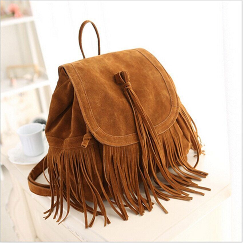 Women Tassel Backpacks Girls Suede Shoulder School Bags Travel Backbags