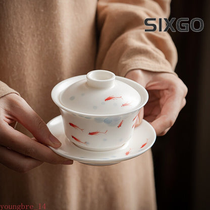 White Porcelain Ru Kiln Hand-painted Fish Cover Bowl Ceramic Household Tea Bowl