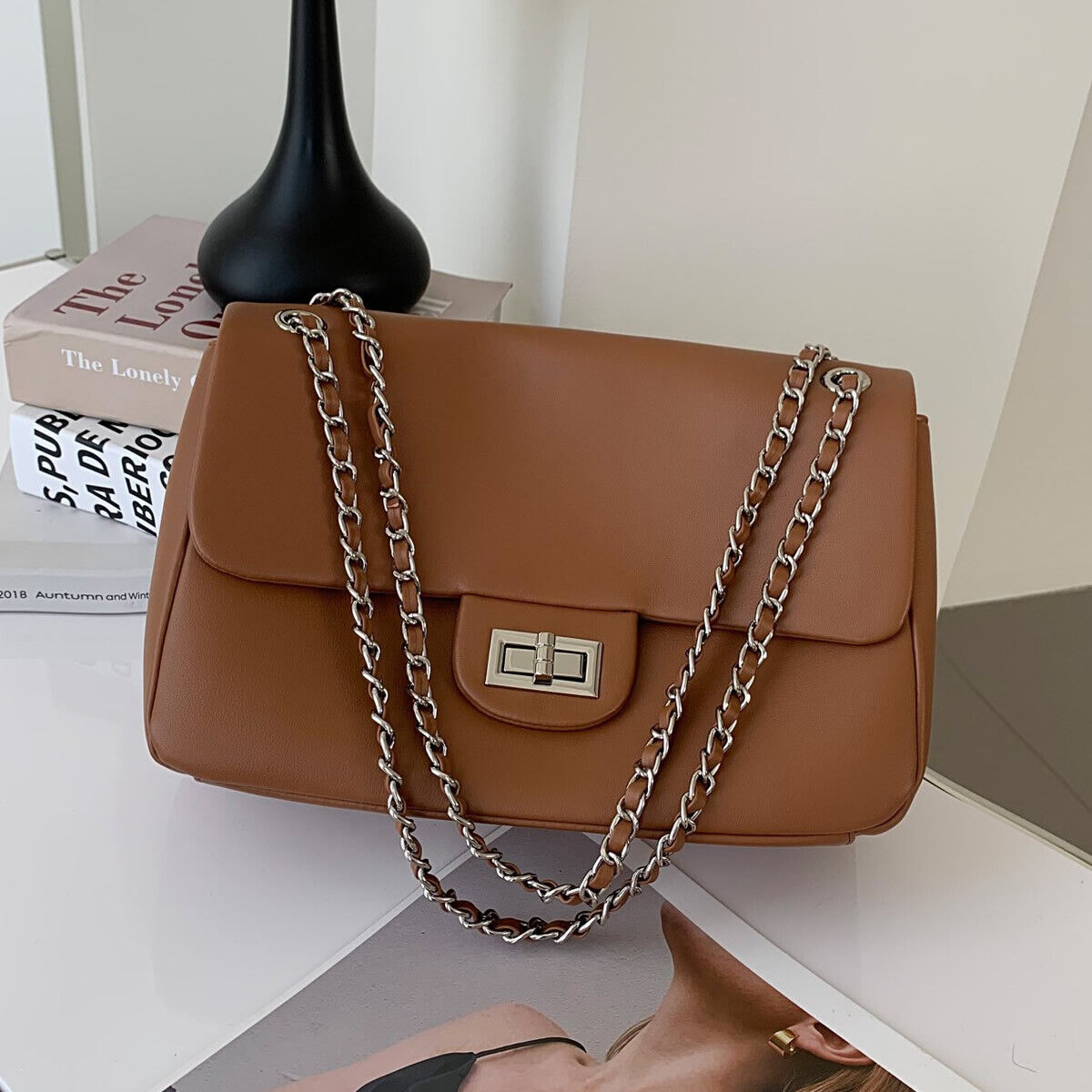 Real Leather Small Flap Purse Shoulder Bag Double Chains Crossbody Work Handbag