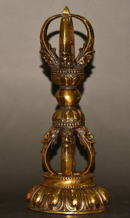 7"Old Tibet Buddhism Pure Bronze Gilt Vajra Dorje Phurpa Exorcism Talisman Faqi
