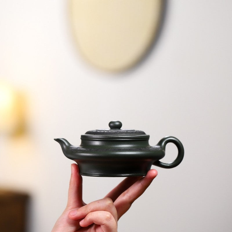 Yixing Original Green Clay Purple Sand Tea Pot Handmade Flat Round Kungfu Teapot