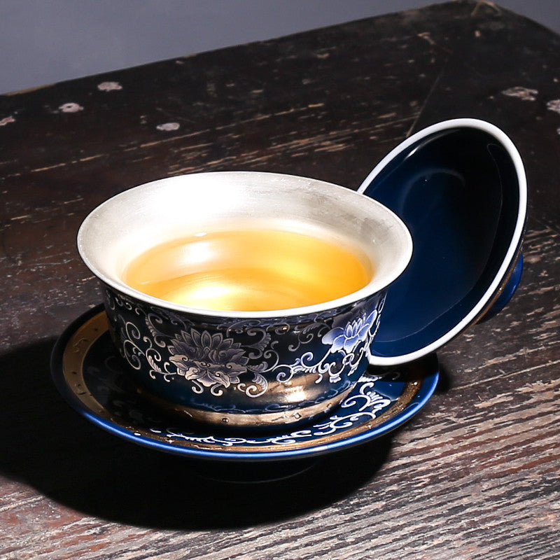 140ml Tradition Silver Gaiwan Chinese Black Tea Cup Covered Bowl Tea Set Tureen