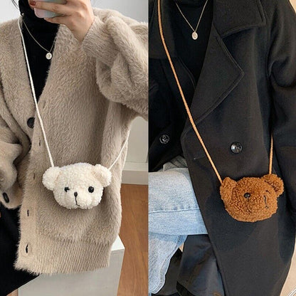 Women Shoulder Bag Girl Bear Soft Plush Crossbody Handbag Mini Purse 13.5x6x11cm