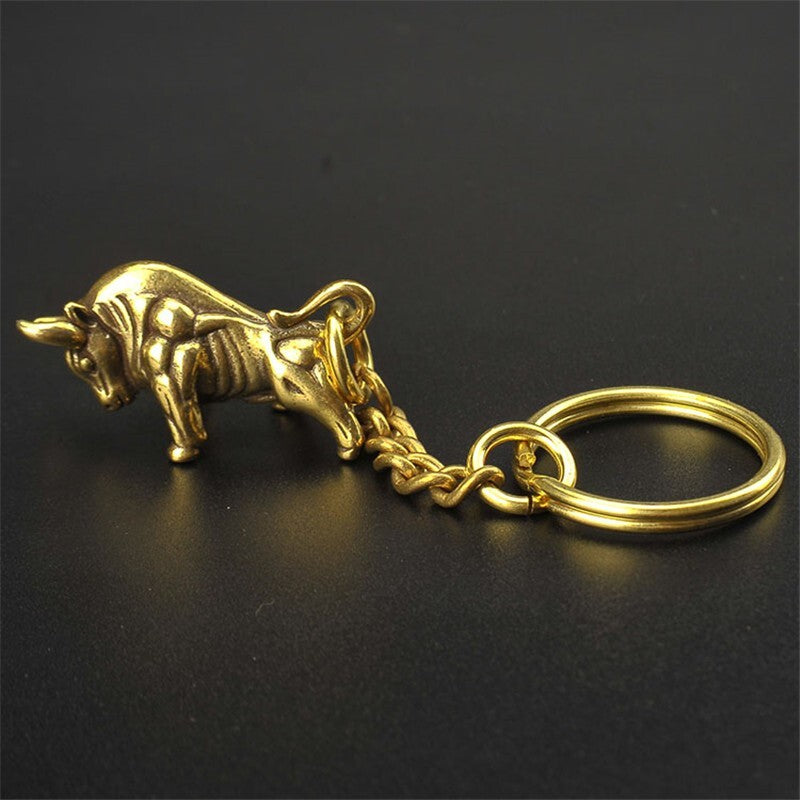 Pure Brass Bull Keychain Pendant Ring Hanging Ornament Miniature Tea Pet Craft