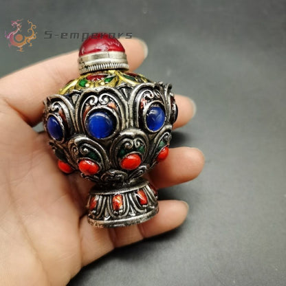 Pure Copper Snuff Bottle with Gemstones on Both Sides of The Snuff Bottle