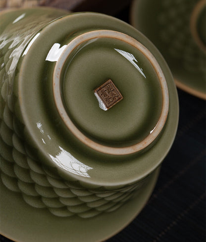 Modern Longquan Celadon Porcelain Gaiwan Chinese Tureen Covered Bowl Saucer Lid