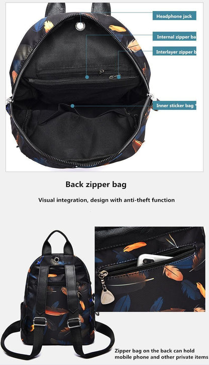 Anti-thief Feather Print Backpack Oxford Cloth Waterproof Travel Schoolbag Large