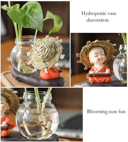 Chinese Straw Hat Monk Buddha Statue Flower Pot Hydroponic Glass Vase Home