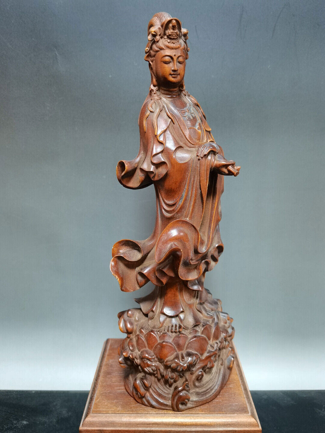 China Antique Decor Wooden Kwan Yin Statue Carved Boxwood Figures Sculpture Art