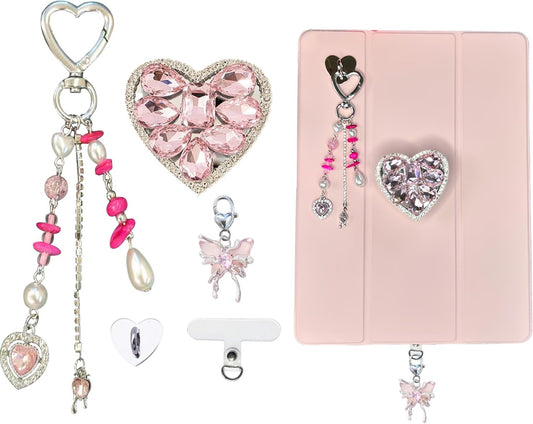 Cute Charms Set for Kindle,Including Y2K Style Heart Grip Holder, Pink Heart Cha