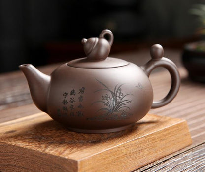 6" Yixing Zisha Pottery Purple Clay Handmade Plant Orchid Flower Teapot Tea Pot