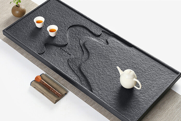 China Black Stone Tea Tray Engraved Serving Tray Water Draining Tea Boat Heavy