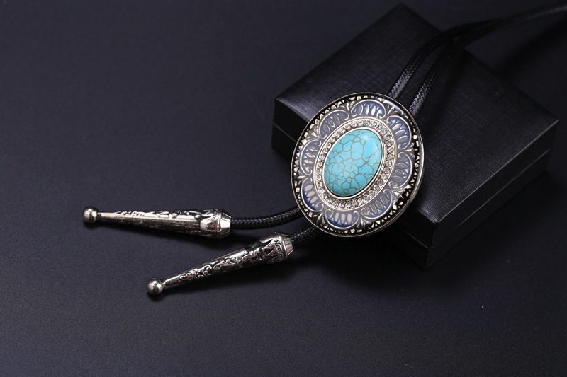 Men Bolo Tie Polyester Semi Precious Stone Pendant Suit Shirt Collar Accessories