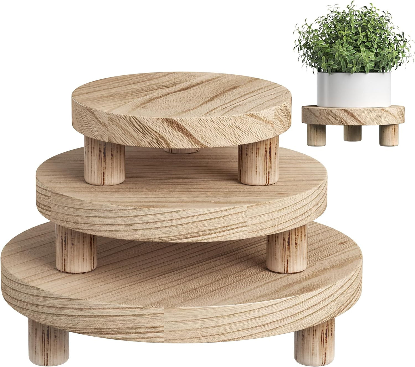 Round Wood Plant Stand Indoor Outdoor Decorative Natural Riser Flower Pot Holder