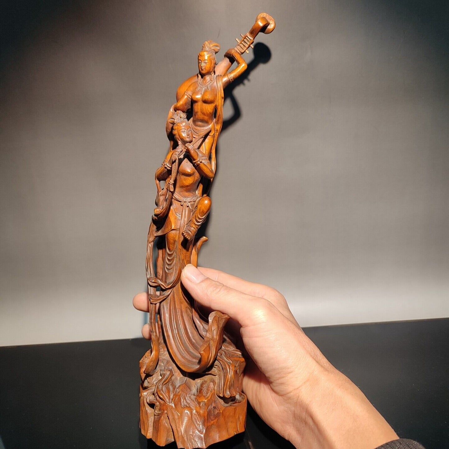 12" vintage wooden ornaments wood carving figure indian statue woman Music dance