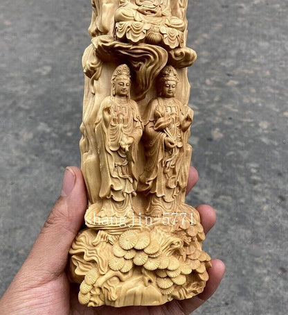 9" Natural Boxwood Carved Three Holy Buddha Statue Boddhisattva Figures