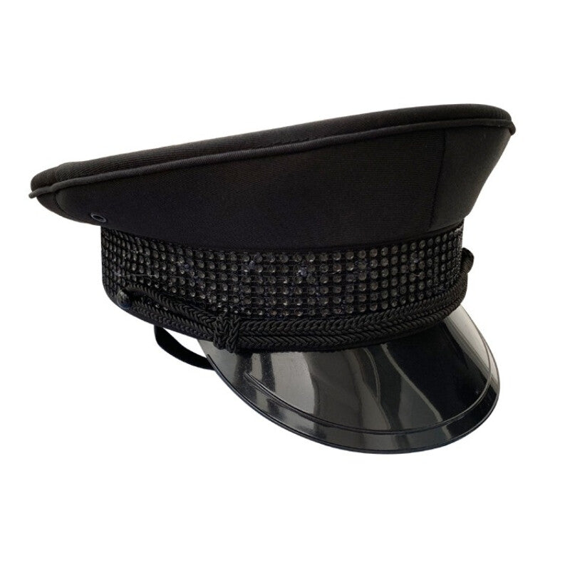 Unisex Army Captain Hat Rhinestone Fancy Dress Cap Police Military Costume Black