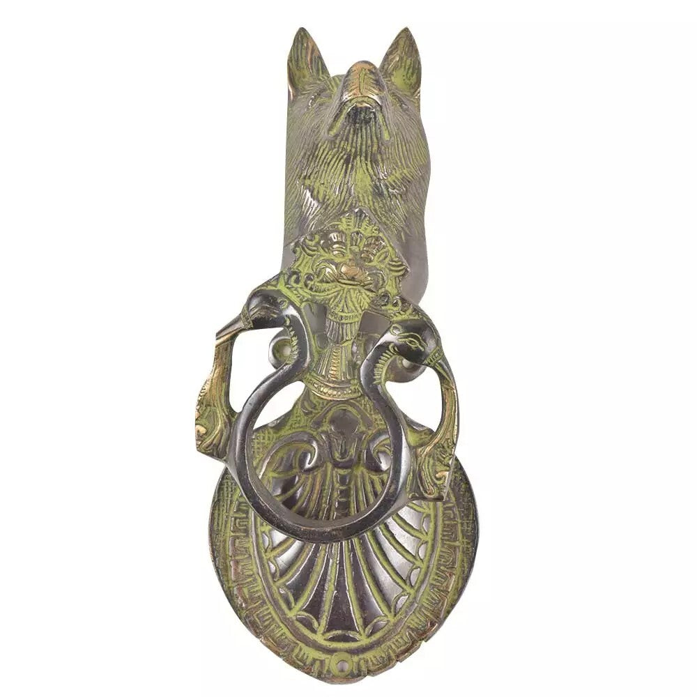 Antique Look Patina Brass Dog With Peacock Door Knocker Door Bell Home Decor