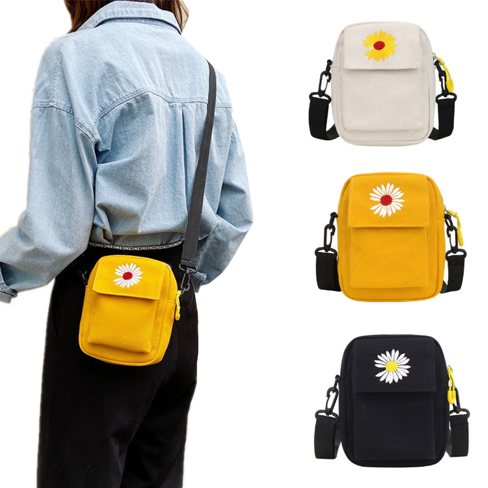 Women Shoulder Bag Cute Daisy Crossbody Bag Casual Tote Canvas Zipper Coin Purse