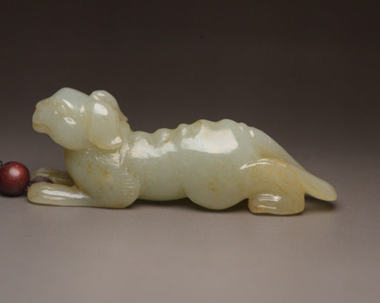 Chinese Old Natural Hetian Jade Hand Carving Exquisite Dog Statue Art Rare Gift