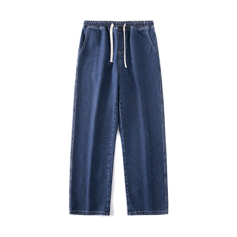 Mens Loose Wide Leg Denim Pants Drawstring Jeans Elastic Waist Baggy Trousers