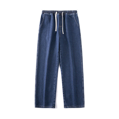 Mens Loose Wide Leg Denim Pants Drawstring Jeans Elastic Waist Baggy Trousers