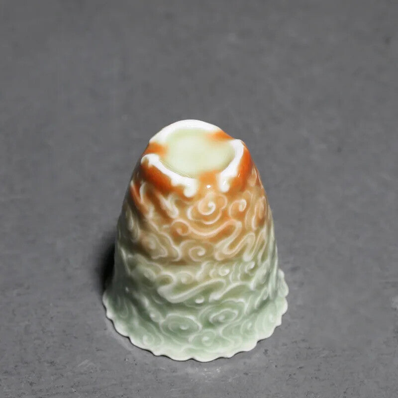 Yue Kiln Celadon Relief Gradient Color Tea Cup Carved Tea Bowl Chinese Ceramic