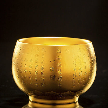 24k Gold Tea Cup Zen Style Chinese Mater Heart Sutra Carved Full Handmade 180ml