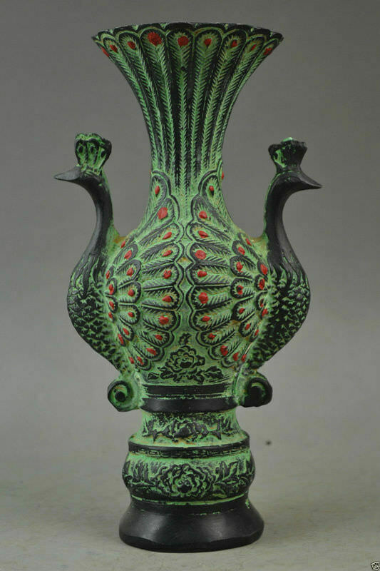 Exquisite Old Collectibles Bronze Carve Pair Auspicious Peacock Rare Noble Vase