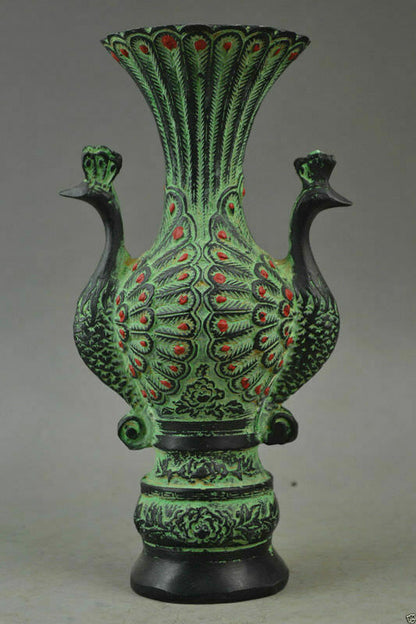 Exquisite Old Collectibles Bronze Carve Pair Auspicious Peacock Rare Noble Vase