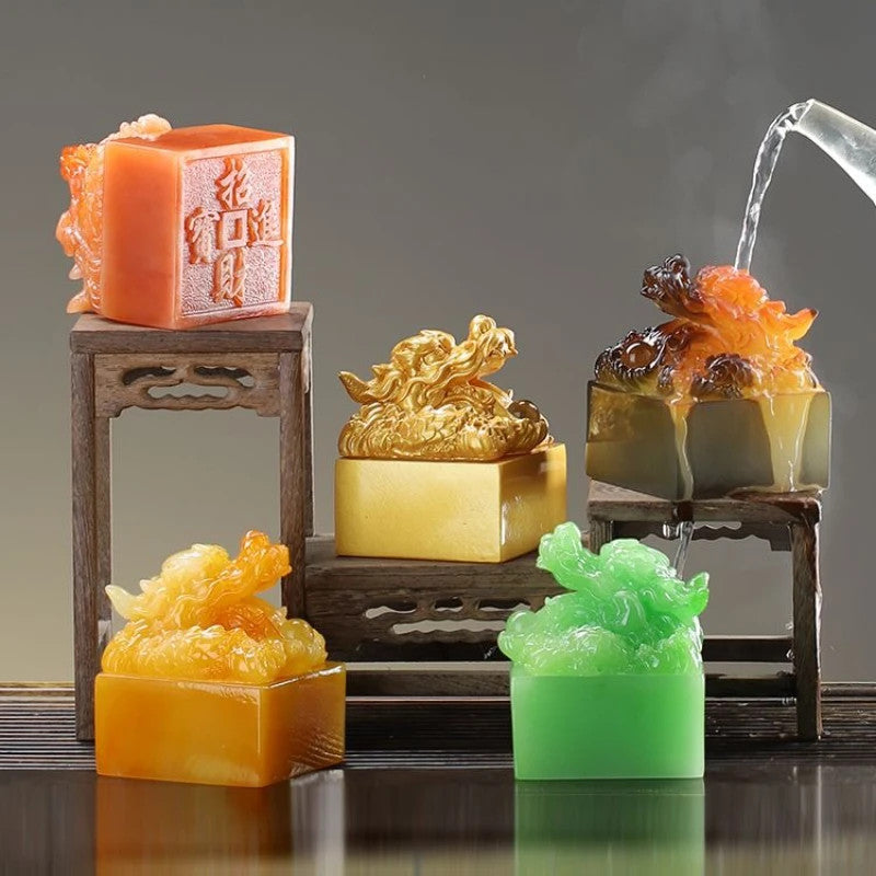 Chinese Resin Color Changing Tea Pet Dragon Imperial Seal Feng Shui Ornament