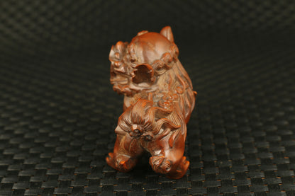 Chinese Wood Boxwood Carving Fengshui Foo Fu Dog Guardion Door Lion Pair Statue
