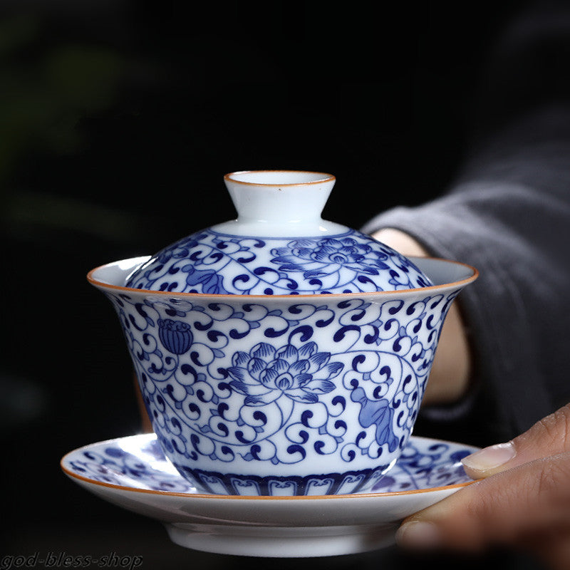 Jingdezhen Blue-and-white Porcelain Gaiwan Chinese Ceramic Tureen With Saucer