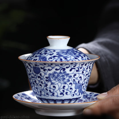 Jingdezhen Blue-and-white Porcelain Gaiwan Chinese Ceramic Tureen With Saucer