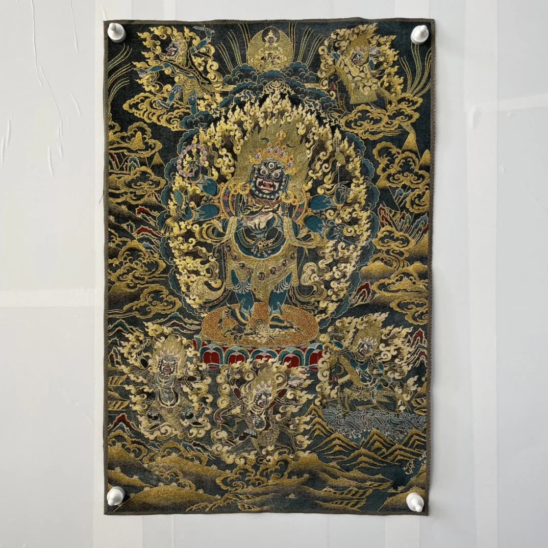 35" Tibetan Buddhism Embroidery Black Jambhala Six Arm Mahakala Buddha Thangka