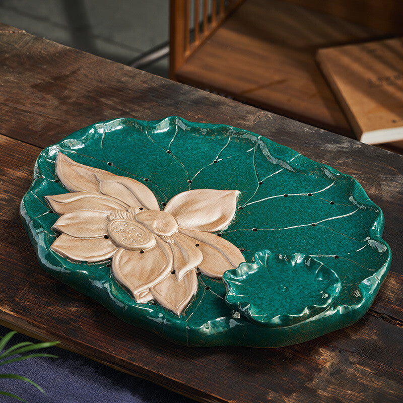 One Tea Tray Crude Pottery Lotus Carved Reservoir Water Draining Tea Plate New