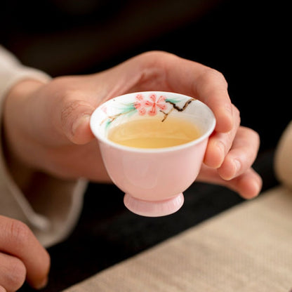Underglaze Colour Interior Painted Peach Blossom Pink Hand Drawn Small Tea Cup