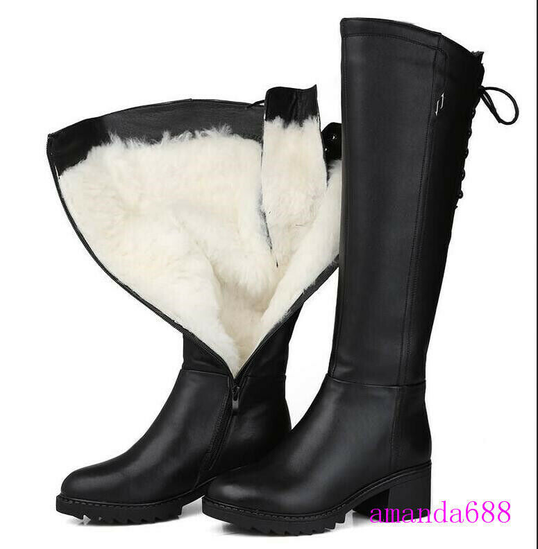 Womens Knee High Boots Winter Warm Natural Wool Boots Genuine Leather Snow Boots