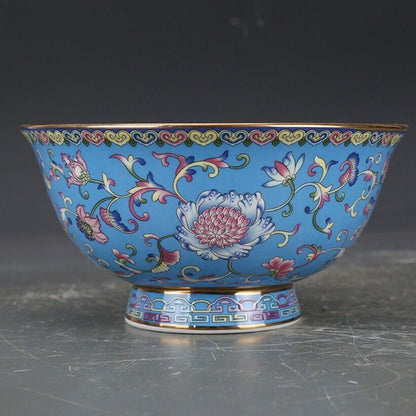 Old Chinese Exquisite Flowers Blue Bowls Porcelain Color Hand Painted Tangled
